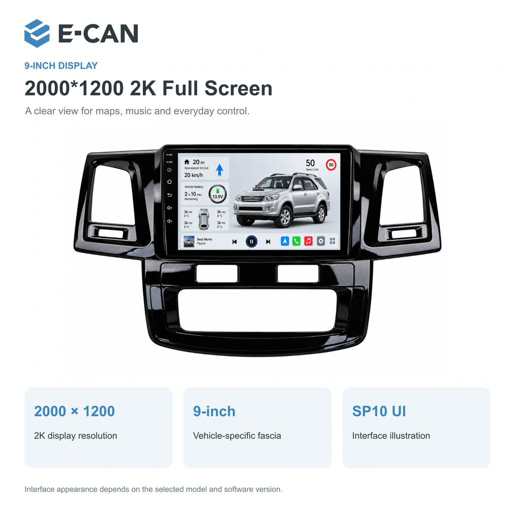 E-CAN Toyota fortuner 9-inch · 2009–2015 matched fascia feature