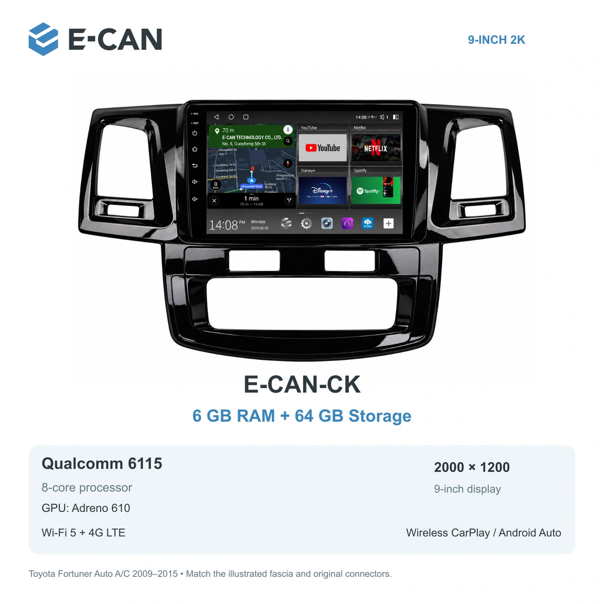 E-CAN Toyota fortuner 9-inch · 2009–2015 matched fascia E-CAN-CK 6GB + 64GB
