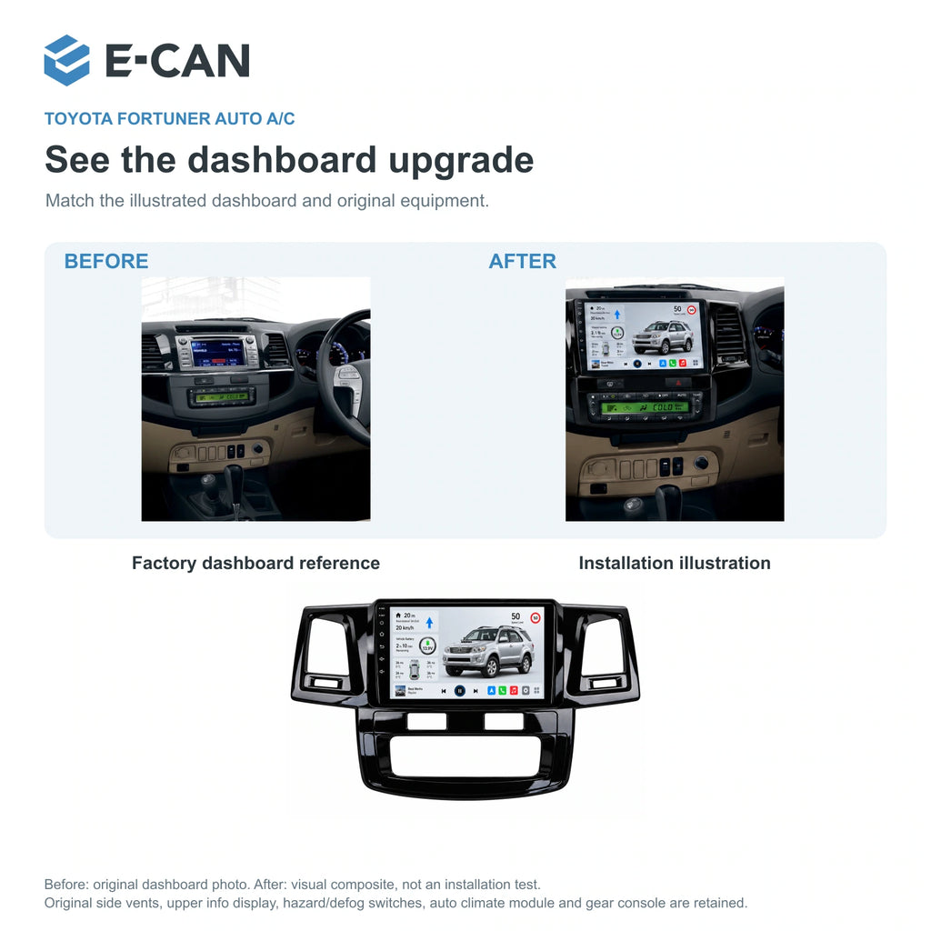 E-CAN Toyota fortuner 9-inch · 2009–2015 matched fascia factory dashboard and installation illustration