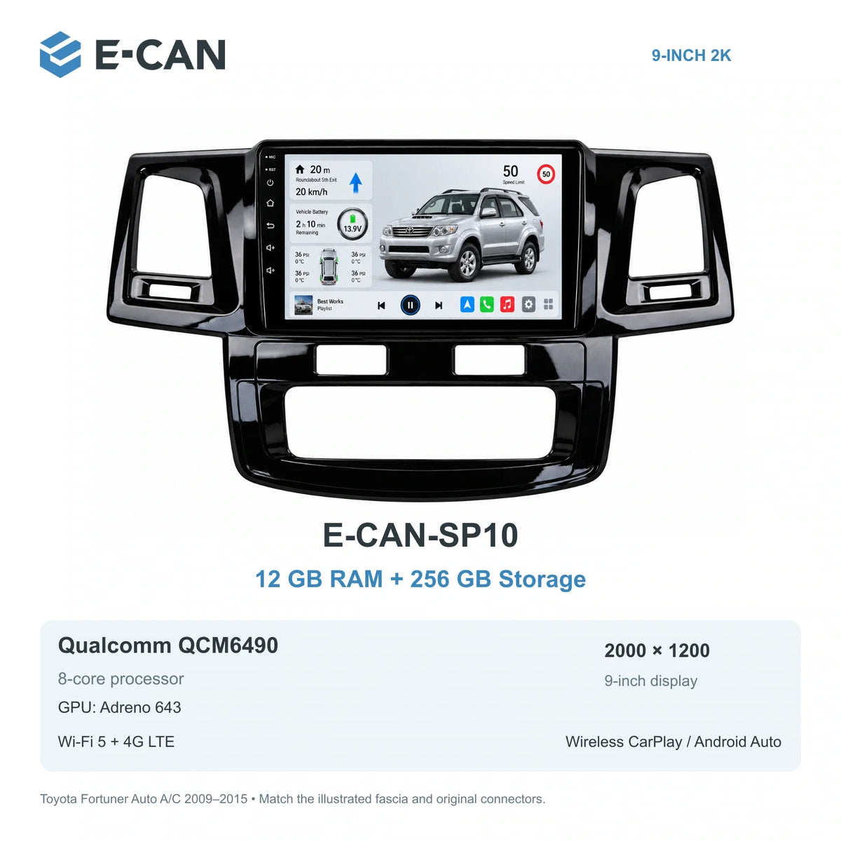 E-CAN Toyota fortuner 9-inch · 2009–2015 matched fascia E-CAN-SP10 12GB + 256GB