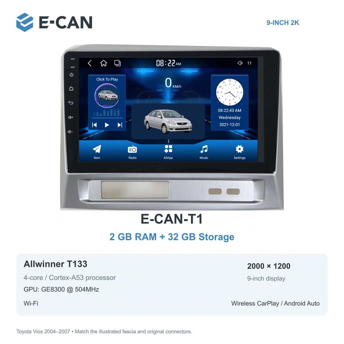 E-CAN Toyota vios 9-inch · 2004–2007 matched fascia E-CAN-T1 2GB + 32GB