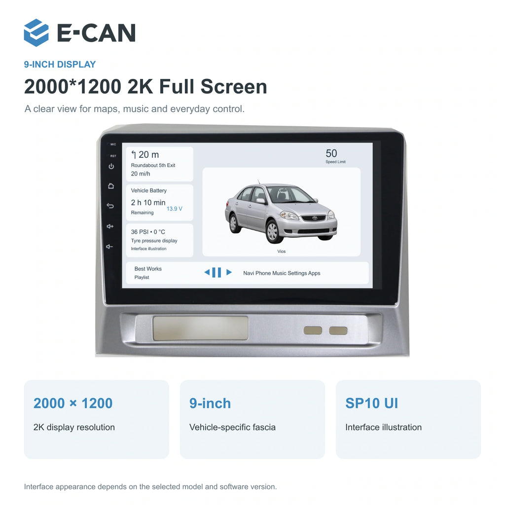 E-CAN Toyota vios 9-inch · 2004–2007 matched fascia feature