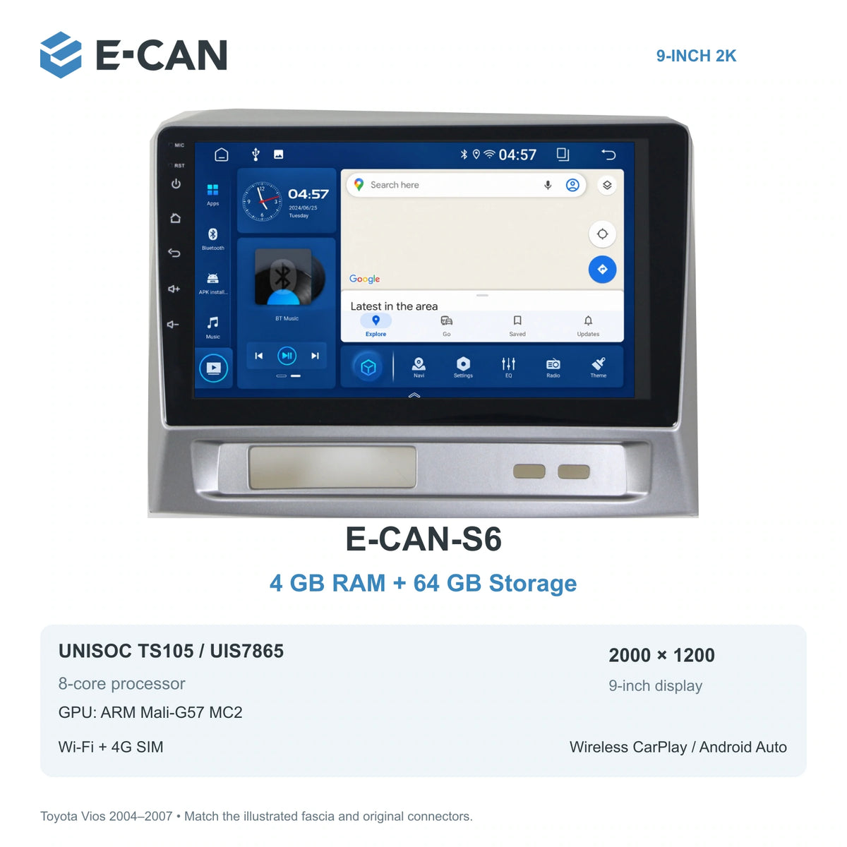 E-CAN Toyota vios 9-inch · 2004–2007 matched fascia E-CAN-S6 4GB + 64GB