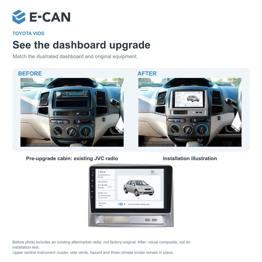 E-CAN Toyota vios 9-inch · 2004–2007 matched fascia factory dashboard and installation illustration