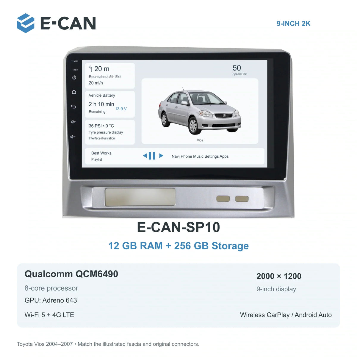 E-CAN Toyota vios 9-inch · 2004–2007 matched fascia E-CAN-SP10 12GB + 256GB