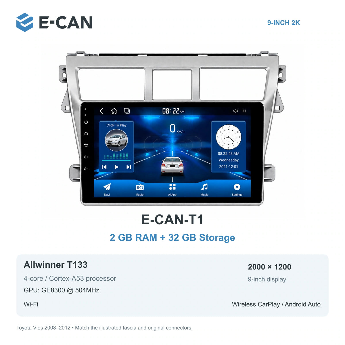 E-CAN Toyota vios 9-inch · 2008–2012 matched fascia E-CAN-T1 2GB + 32GB