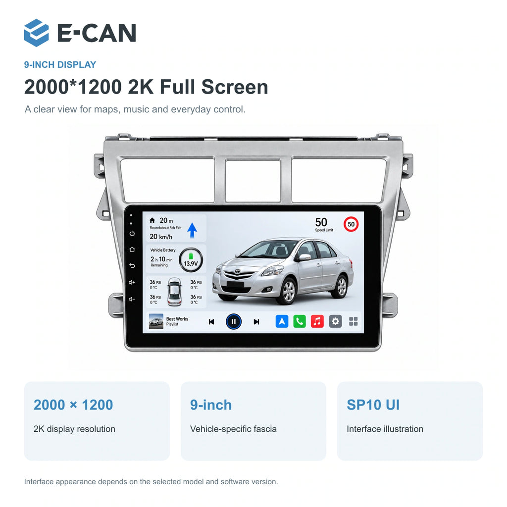 E-CAN Toyota vios 9-inch · 2008–2012 matched fascia feature