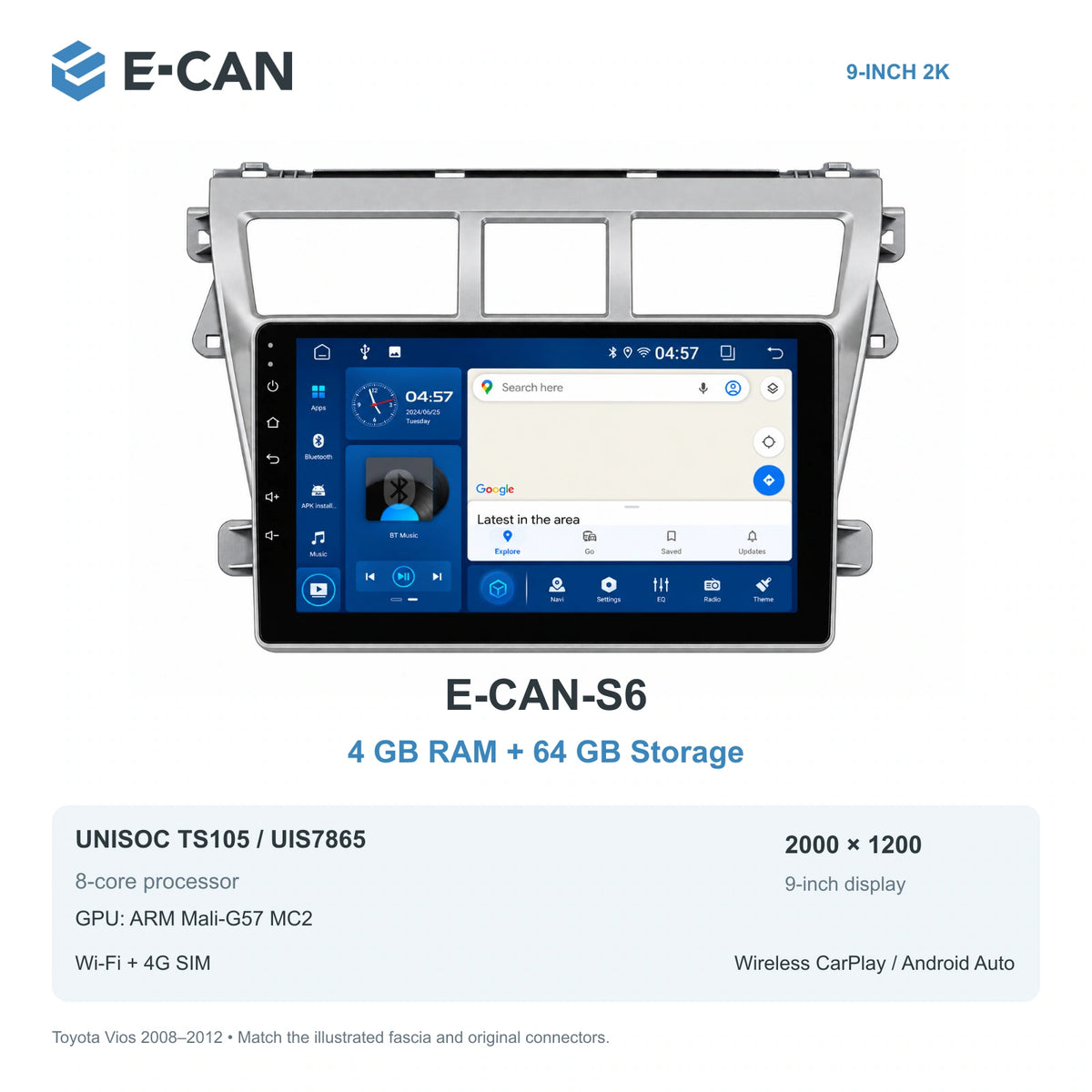 E-CAN Toyota vios 9-inch · 2008–2012 matched fascia E-CAN-S6 4GB + 64GB