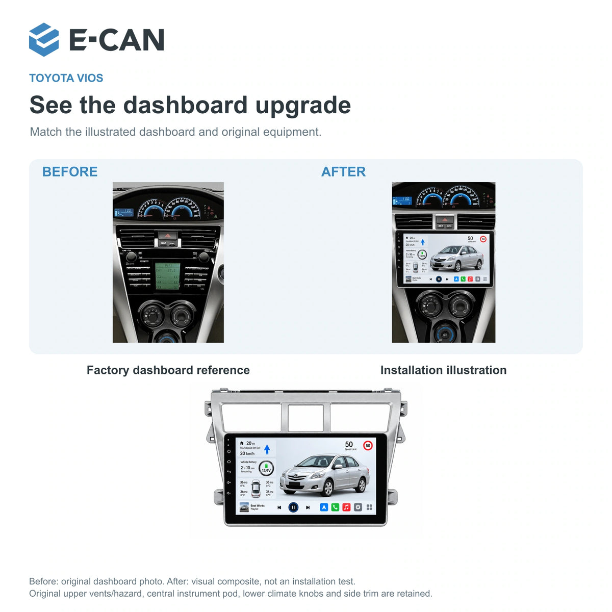 E-CAN Toyota vios 9-inch · 2008–2012 matched fascia factory dashboard and installation illustration