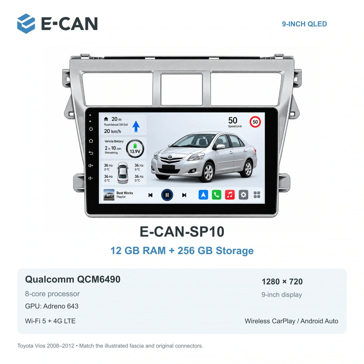 E-CAN Toyota vios 9-inch · 2008–2012 matched fascia E-CAN-SP10 12GB + 256GB