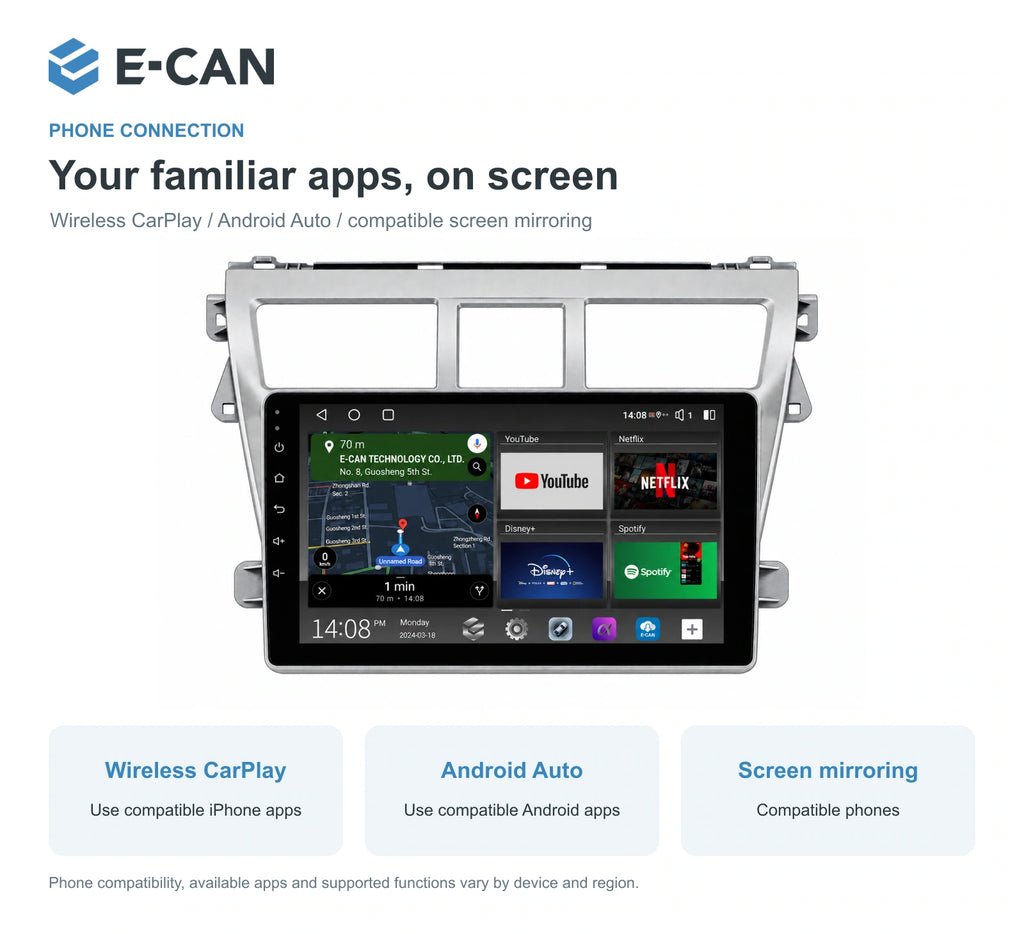 E-CAN Toyota vios 9-inch · 2008–2012 matched fascia feature