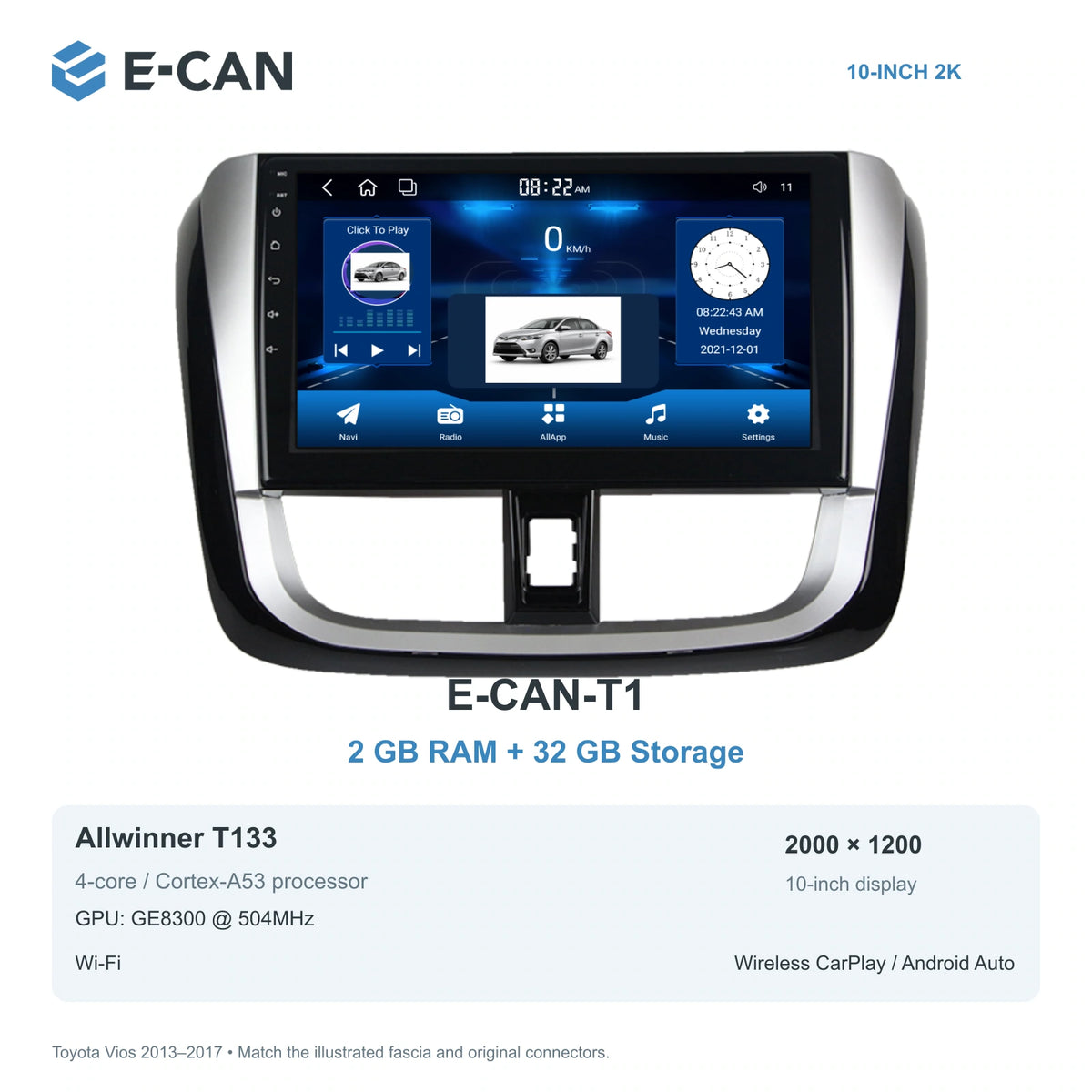 E-CAN Toyota vios Full U-shaped fascia · 2013–2017 E-CAN-T1 2GB + 32GB