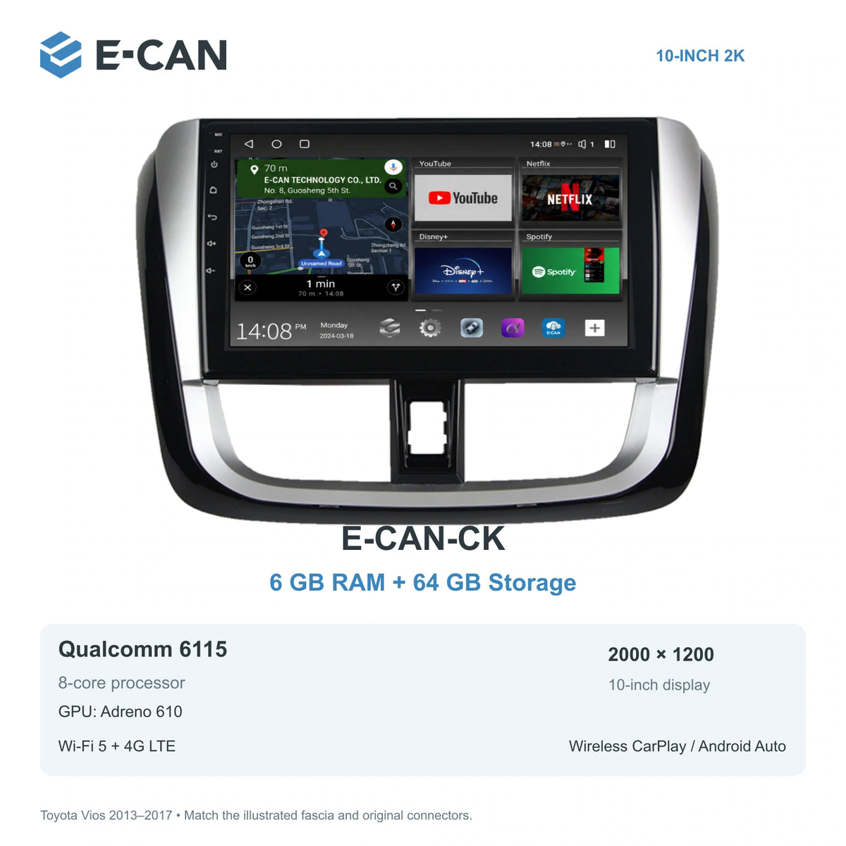 E-CAN Toyota vios Full U-shaped fascia · 2013–2017 E-CAN-CK 6GB + 64GB