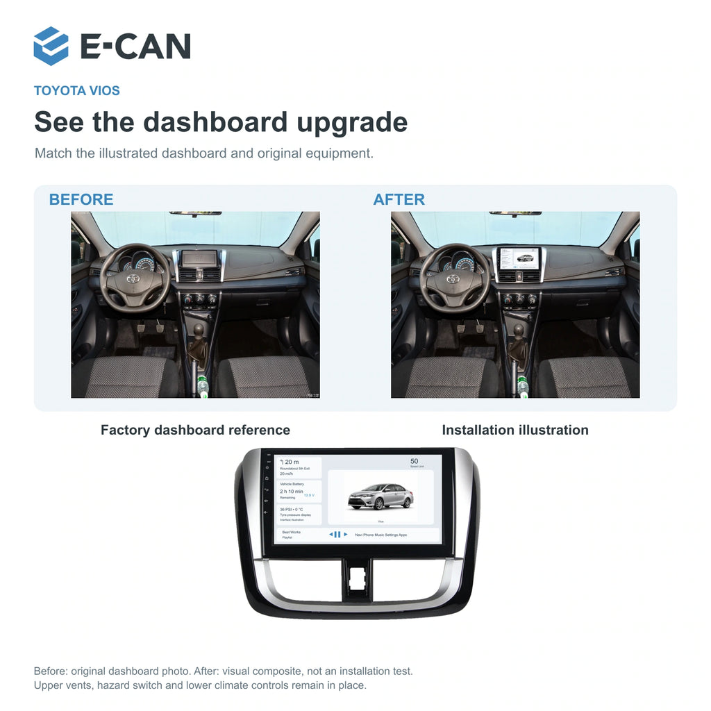 E-CAN Toyota vios Full U-shaped fascia · 2013–2017 factory dashboard and installation illustration