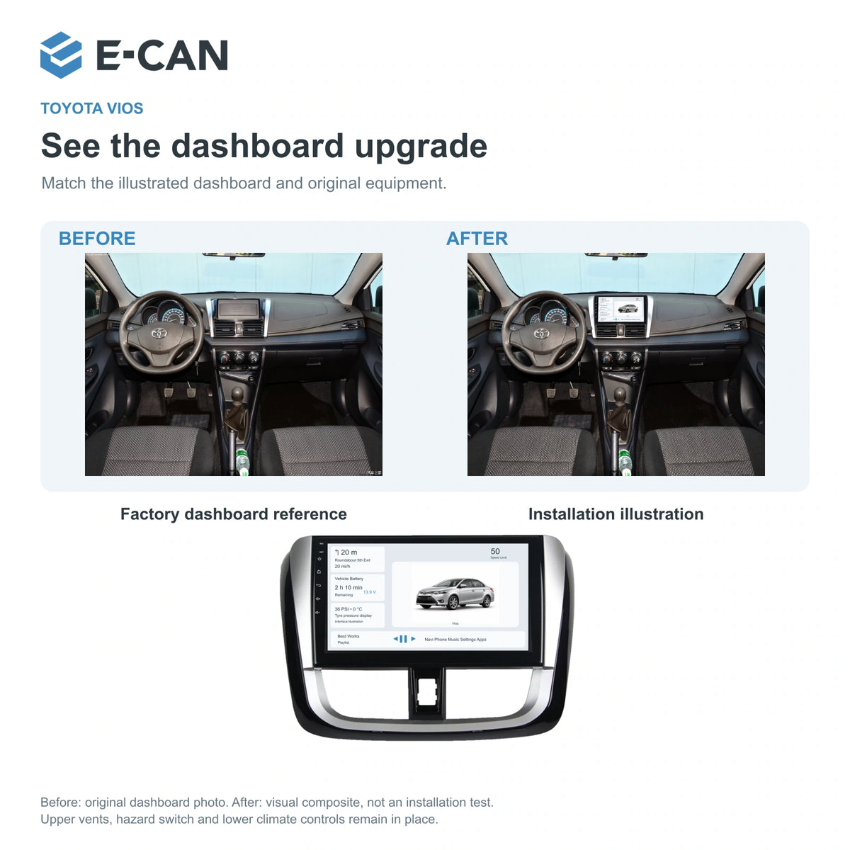 E-CAN Toyota vios Full U-shaped fascia · 2013–2017 factory dashboard and installation illustration