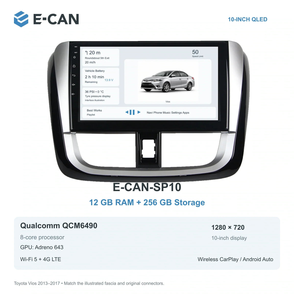 E-CAN Toyota vios Full U-shaped fascia · 2013–2017 E-CAN-SP10 12GB + 256GB