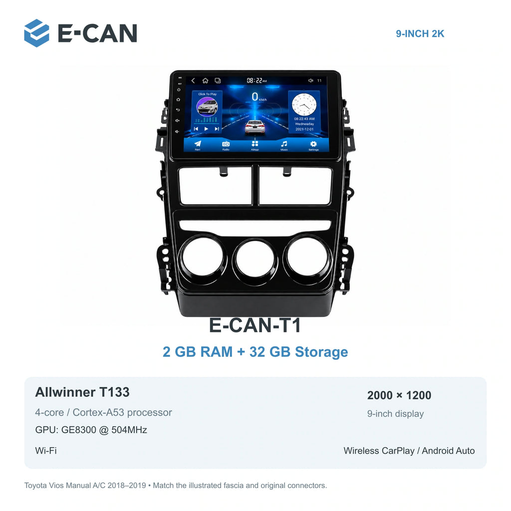 E-CAN Toyota vios Manual A/C · three knobs E-CAN-T1 2GB + 32GB