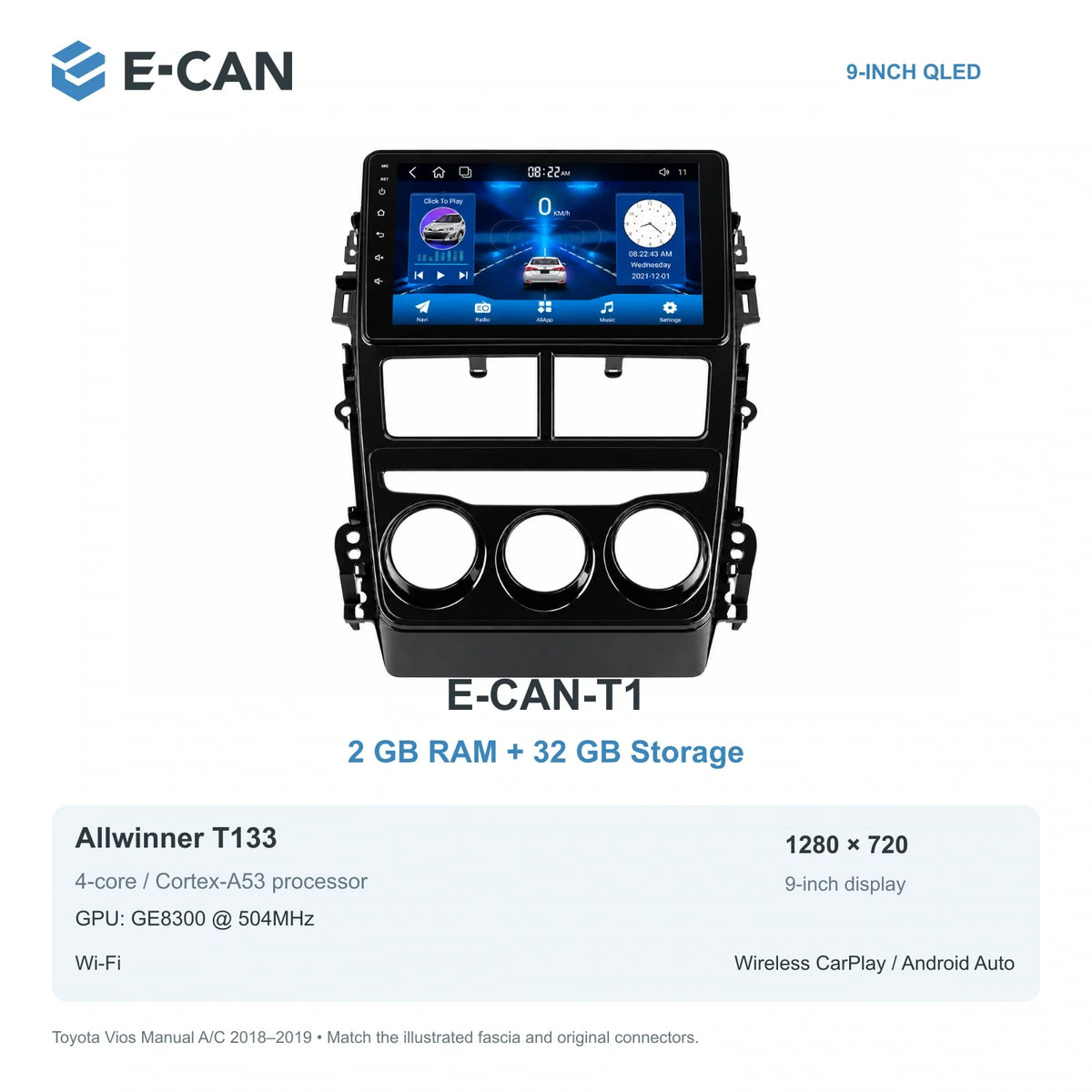 E-CAN Toyota vios Manual A/C · three knobs E-CAN-T1 2GB + 32GB