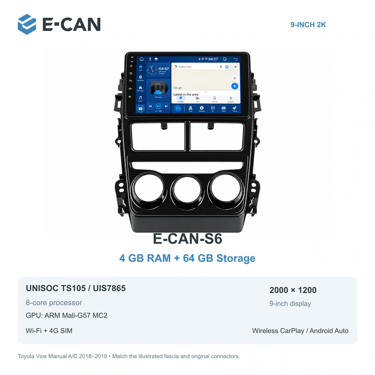 E-CAN Toyota vios Manual A/C · three knobs E-CAN-S6 4GB + 64GB