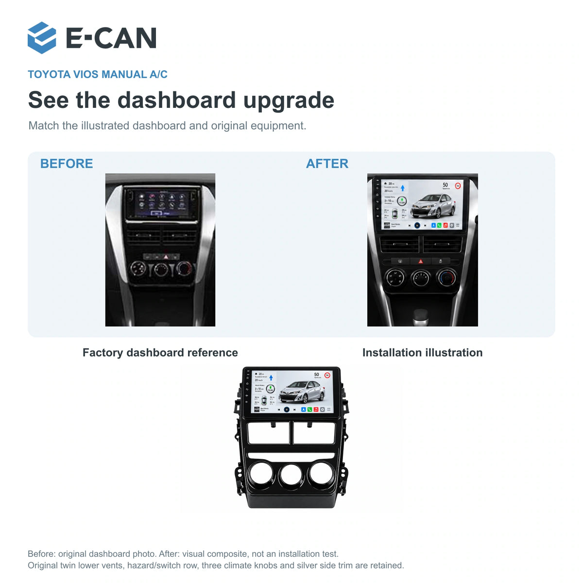 E-CAN Toyota vios Manual A/C · three knobs factory dashboard and installation illustration