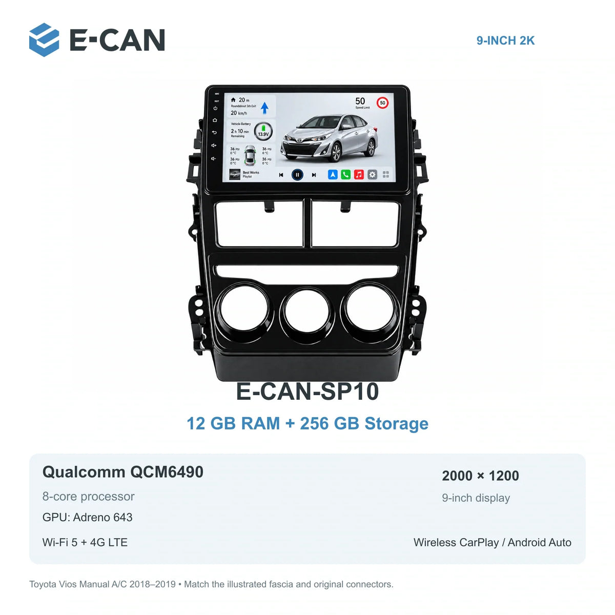 E-CAN Toyota vios Manual A/C · three knobs E-CAN-SP10 12GB + 256GB