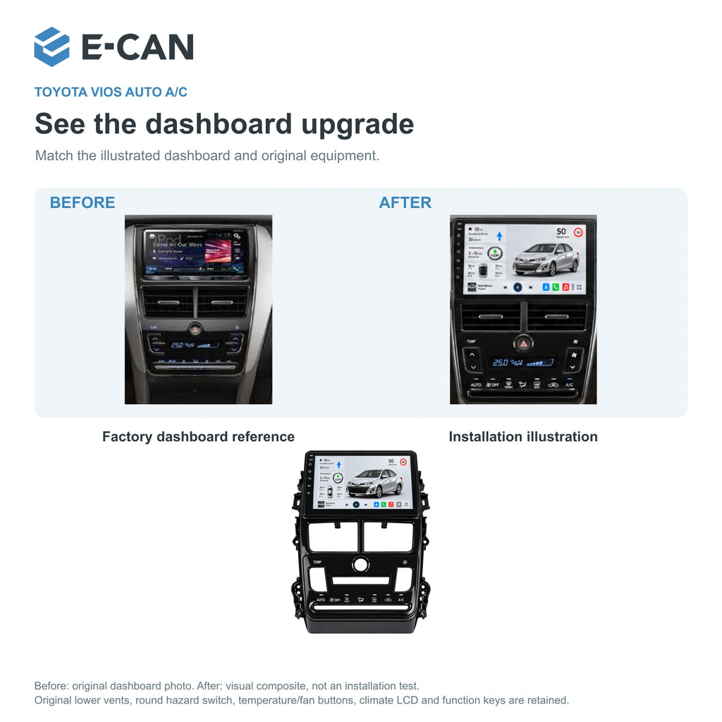 E-CAN Toyota vios Automatic A/C · LCD panel factory dashboard and installation illustration
