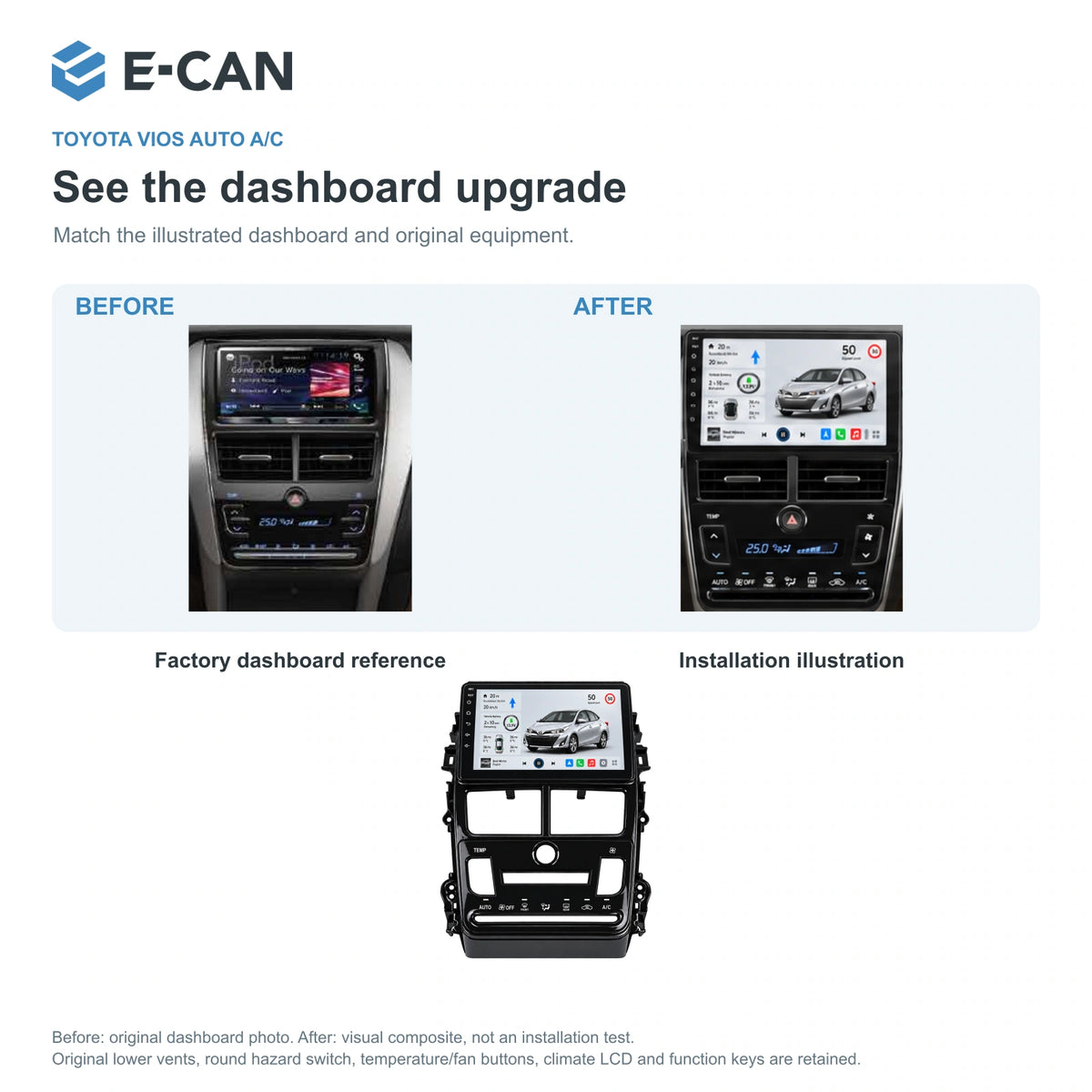 E-CAN Toyota vios Automatic A/C · LCD panel factory dashboard and installation illustration
