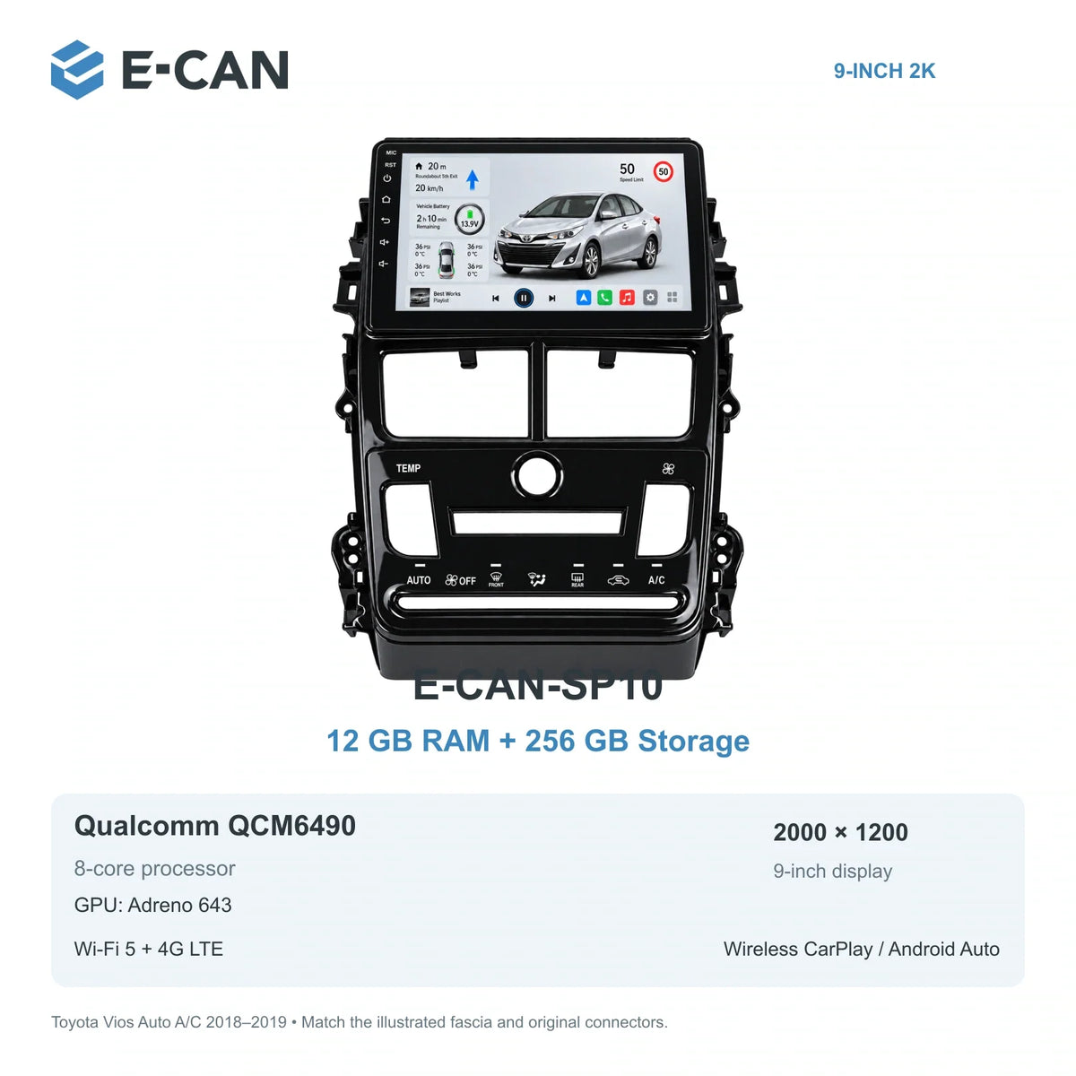 E-CAN Toyota vios Automatic A/C · LCD panel E-CAN-SP10 12GB + 256GB