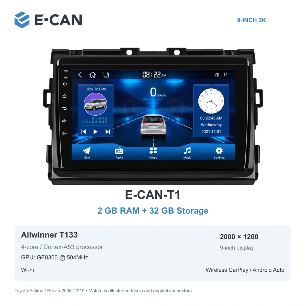 E-CAN Toyota previa 9-inch · 2006–2015 matched fascia E-CAN-T1 2GB + 32GB