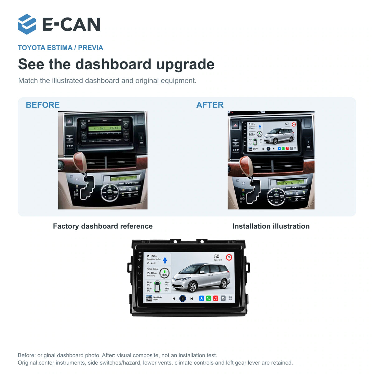 E-CAN Toyota previa 9-inch · 2006–2015 matched fascia factory dashboard and installation illustration