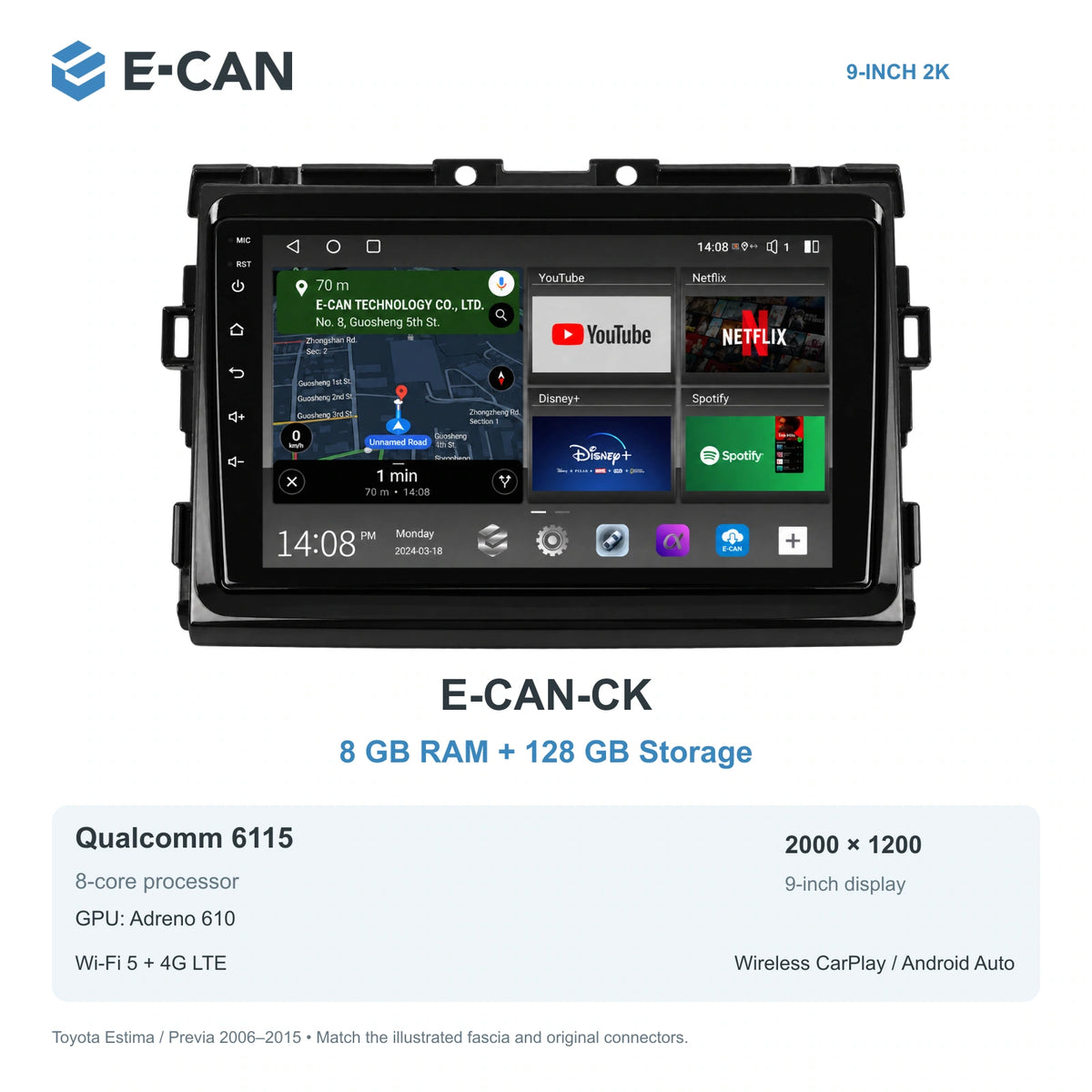 E-CAN Toyota previa 9-inch · 2006–2015 matched fascia E-CAN-CK 8GB + 128GB