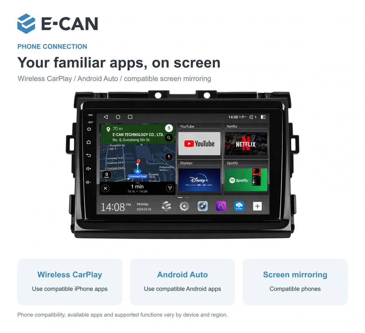 E-CAN Toyota previa 9-inch · 2006–2015 matched fascia feature