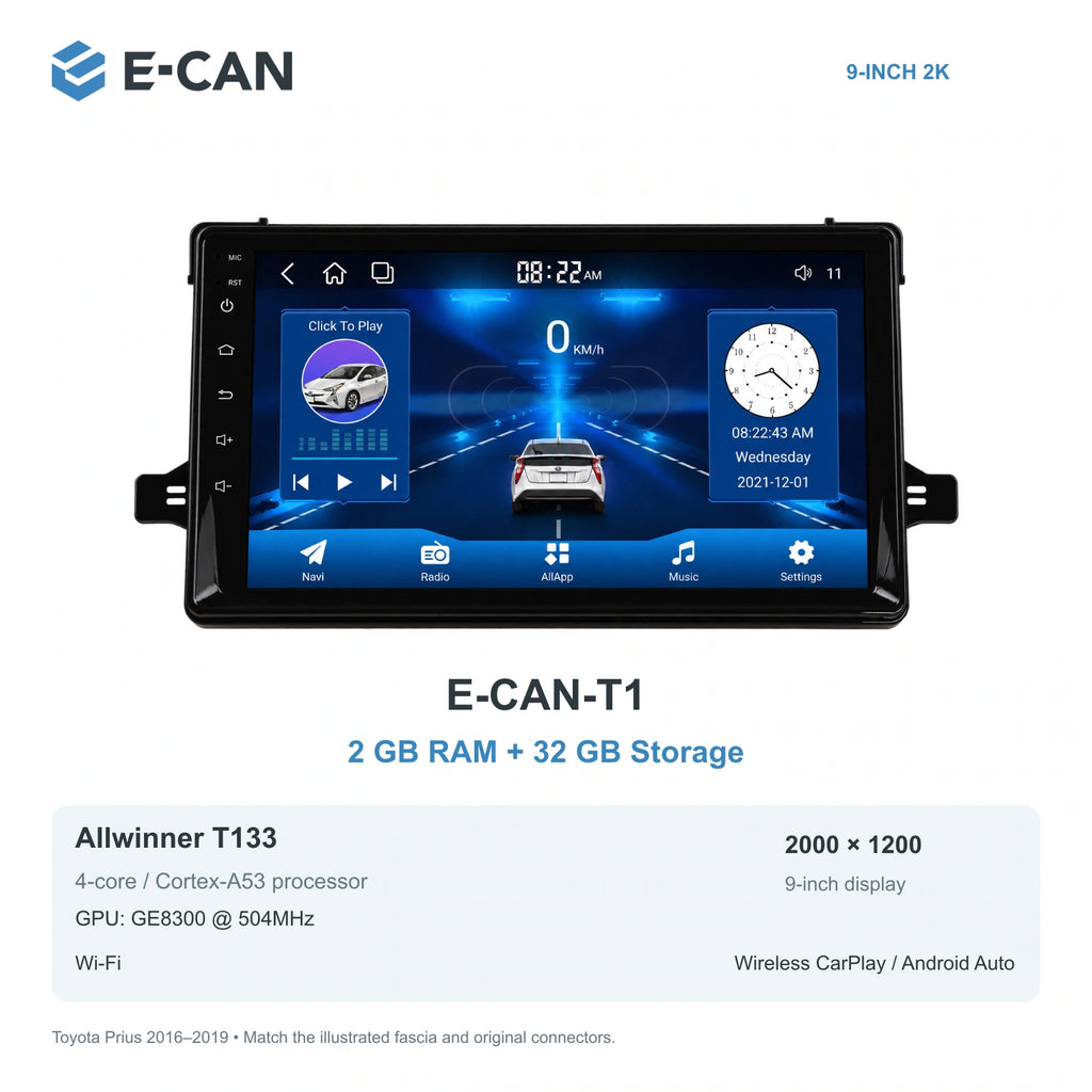 E-CAN Toyota prius 9-inch · 2016–2019 matched fascia E-CAN-T1 2GB + 32GB