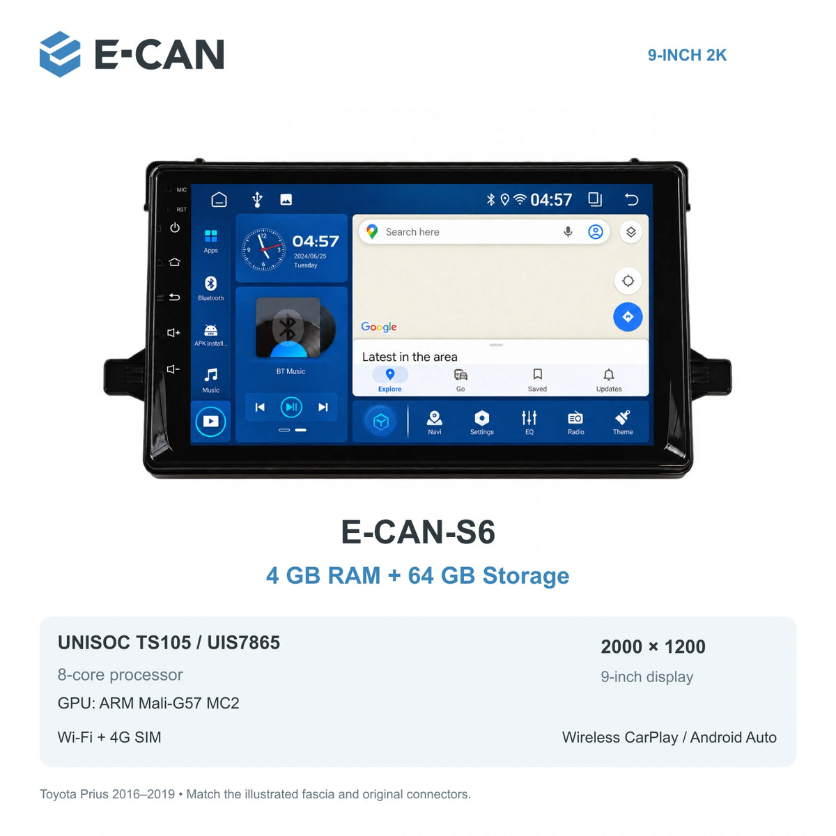 E-CAN Toyota prius 9-inch · 2016–2019 matched fascia E-CAN-S6 4GB + 64GB