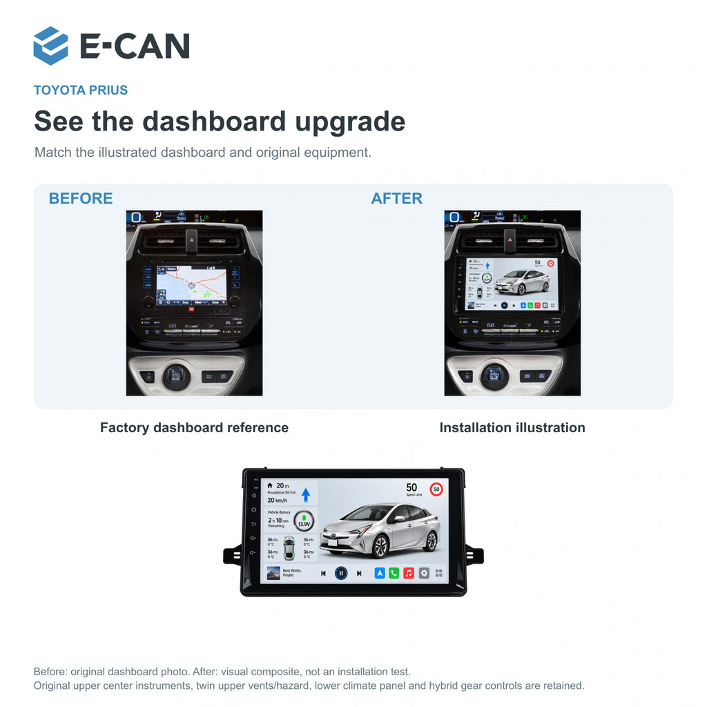 E-CAN Toyota prius 9-inch · 2016–2019 matched fascia factory dashboard and installation illustration