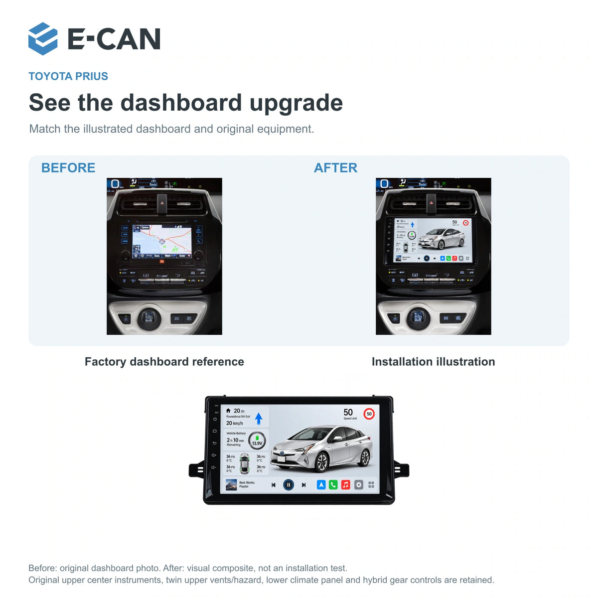 E-CAN Toyota prius 9-inch · 2016–2019 matched fascia factory dashboard and installation illustration