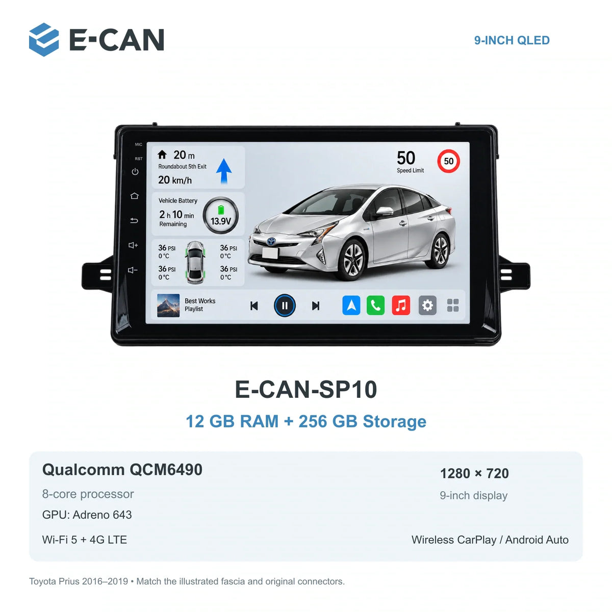 E-CAN Toyota prius 9-inch · 2016–2019 matched fascia E-CAN-SP10 12GB + 256GB