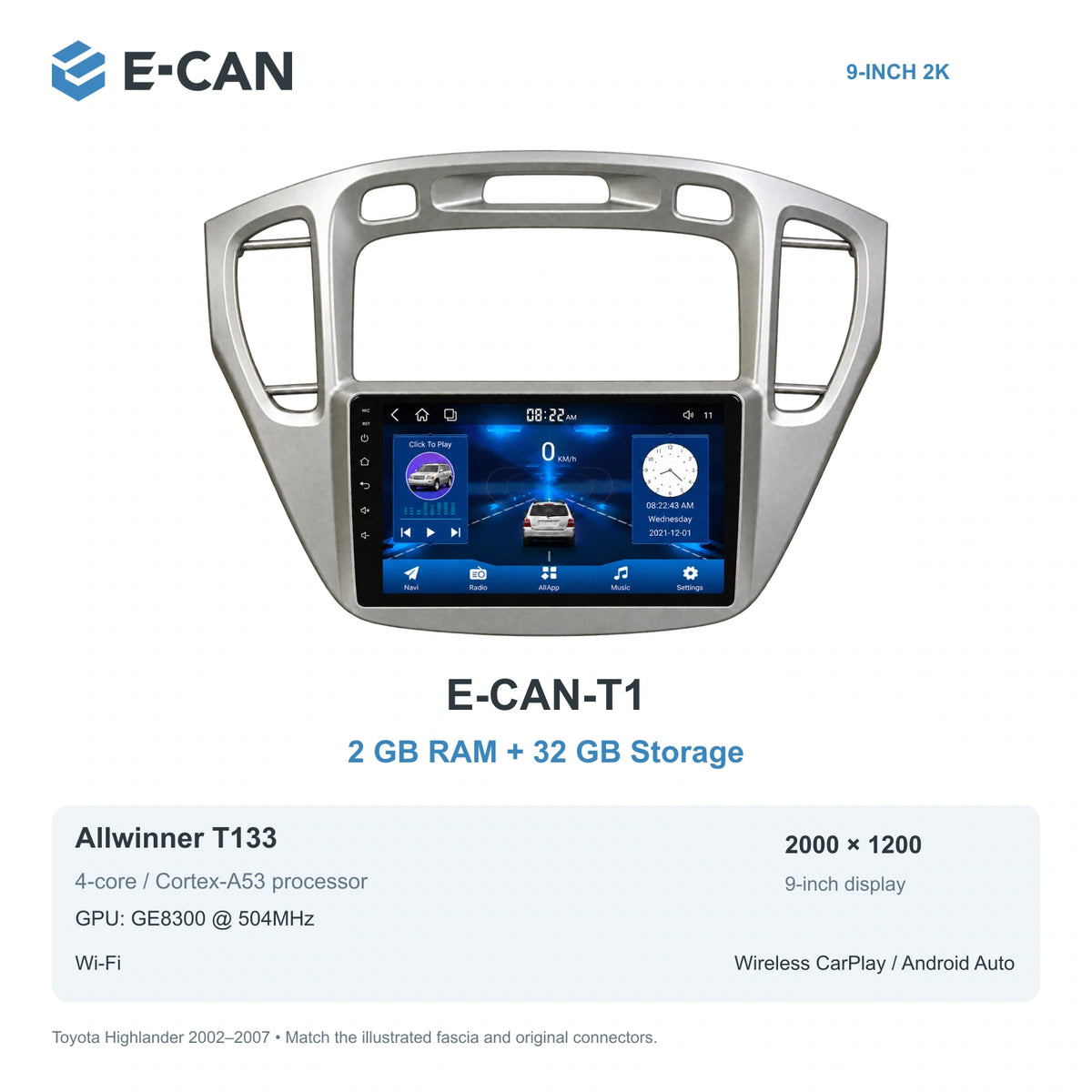 E-CAN Toyota highlander 9-inch · 2002–2007 matched fascia E-CAN-T1 2GB + 32GB