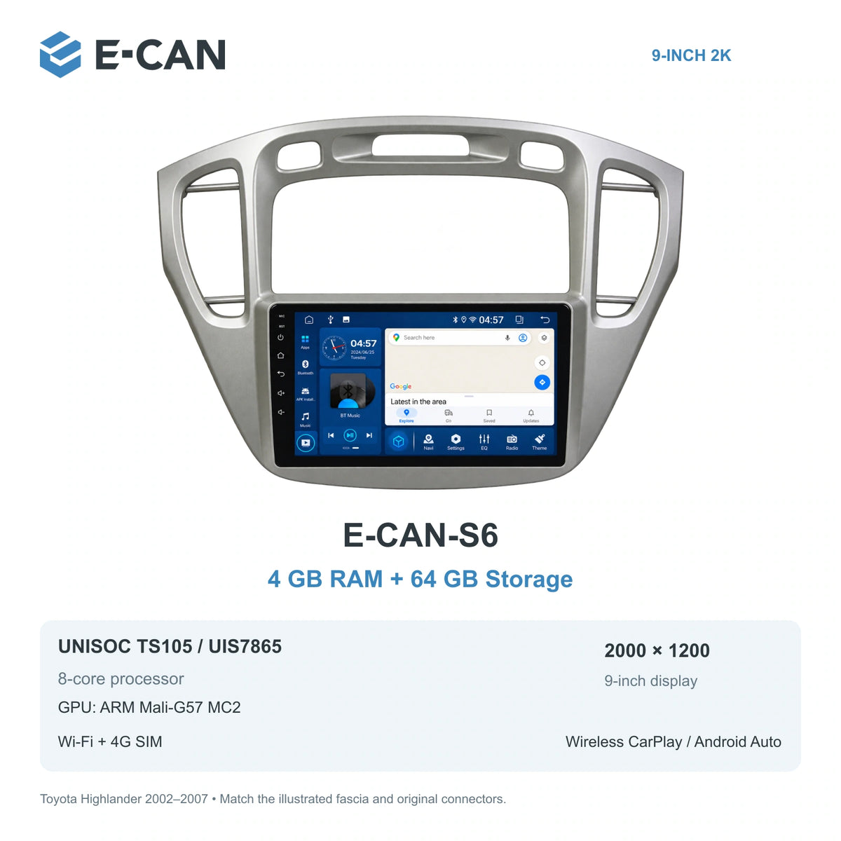 E-CAN Toyota highlander 9-inch · 2002–2007 matched fascia E-CAN-S6 4GB + 64GB