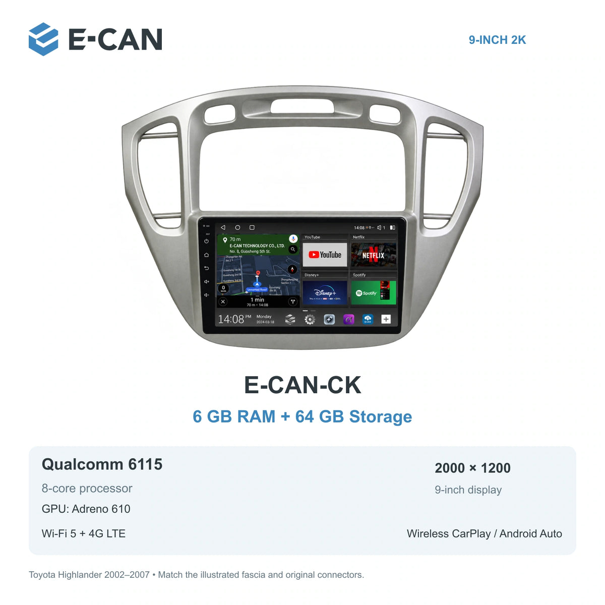 E-CAN Toyota highlander 9-inch · 2002–2007 matched fascia E-CAN-CK 6GB + 64GB