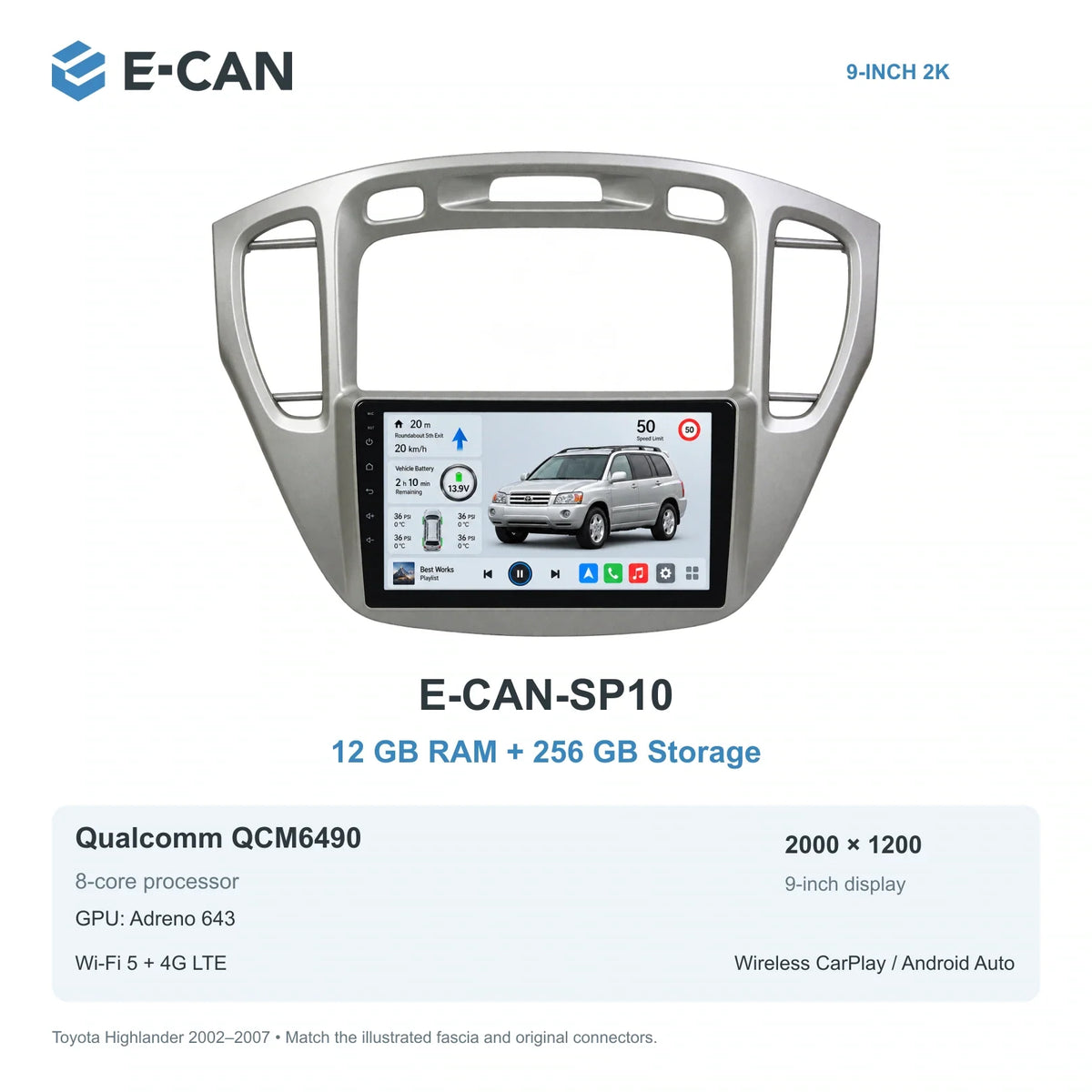 E-CAN Toyota highlander 9-inch · 2002–2007 matched fascia E-CAN-SP10 12GB + 256GB