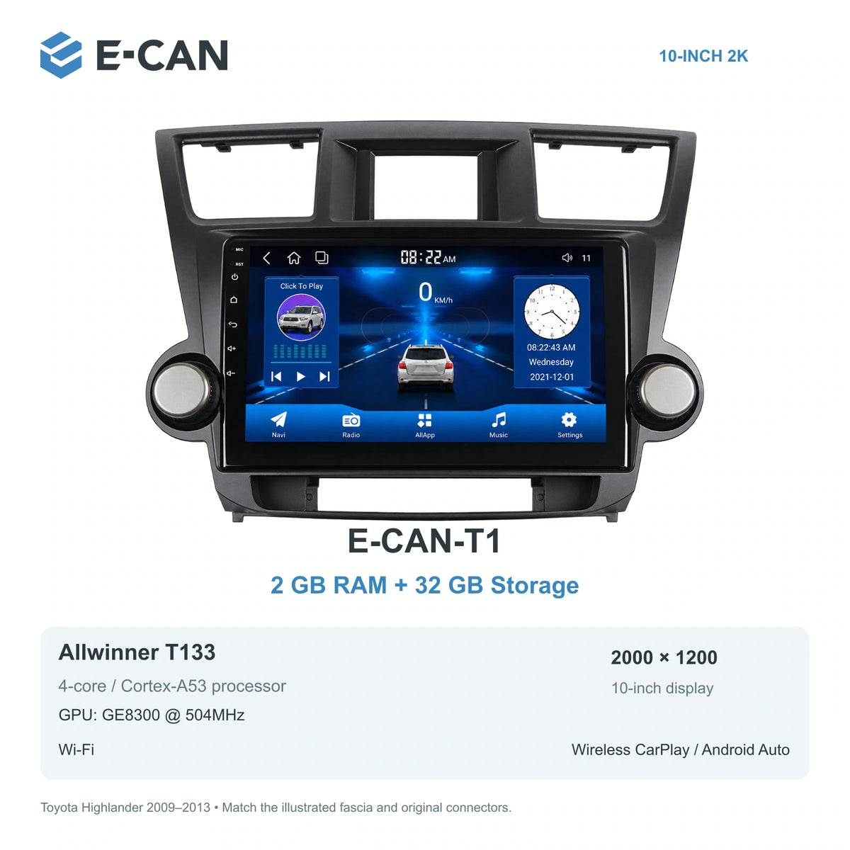 E-CAN Toyota highlander Full twin-knob fascia · 2009–2013 E-CAN-T1 2GB + 32GB
