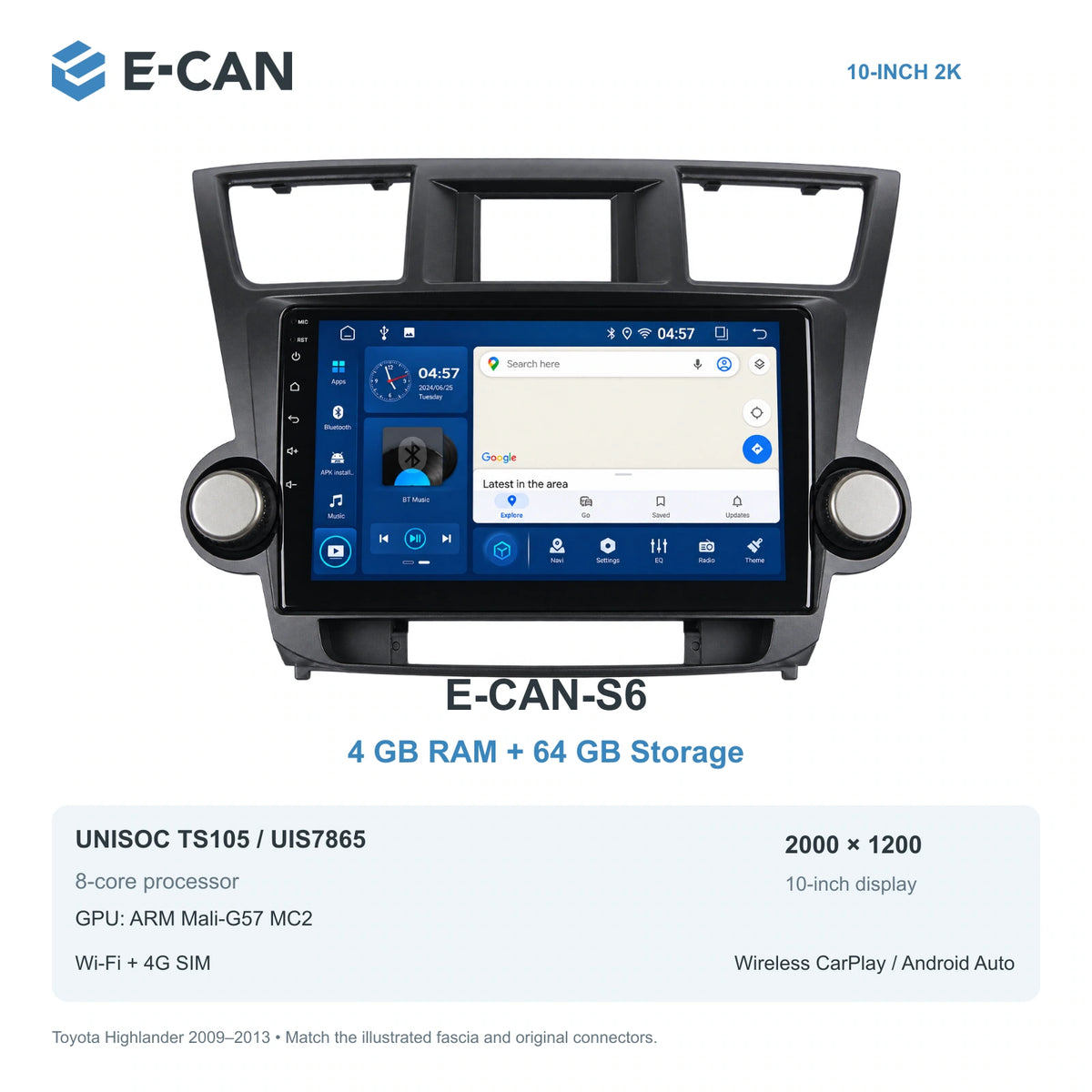 E-CAN Toyota highlander Full twin-knob fascia · 2009–2013 E-CAN-S6 4GB + 64GB
