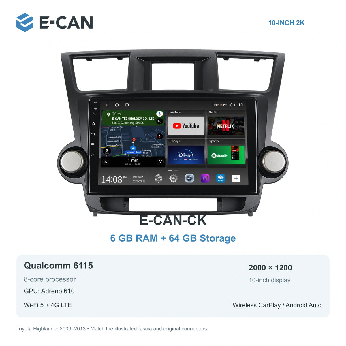 E-CAN Toyota highlander Full twin-knob fascia · 2009–2013 E-CAN-CK 6GB + 64GB