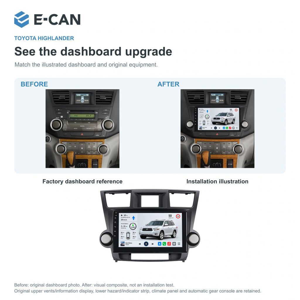 E-CAN Toyota highlander Full twin-knob fascia · 2009–2013 factory dashboard and installation illustration
