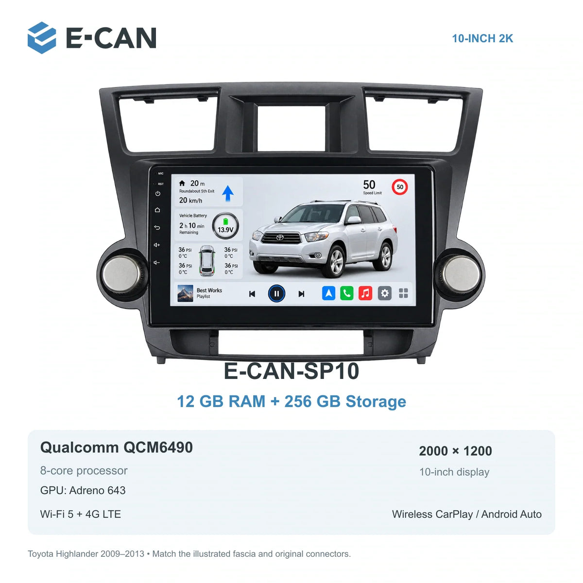 E-CAN Toyota highlander Full twin-knob fascia · 2009–2013 E-CAN-SP10 12GB + 256GB