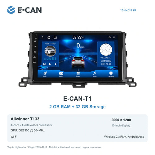 E-CAN Toyota highlander 10-inch · 2015–2019 matched fascia E-CAN-T1 2GB + 32GB