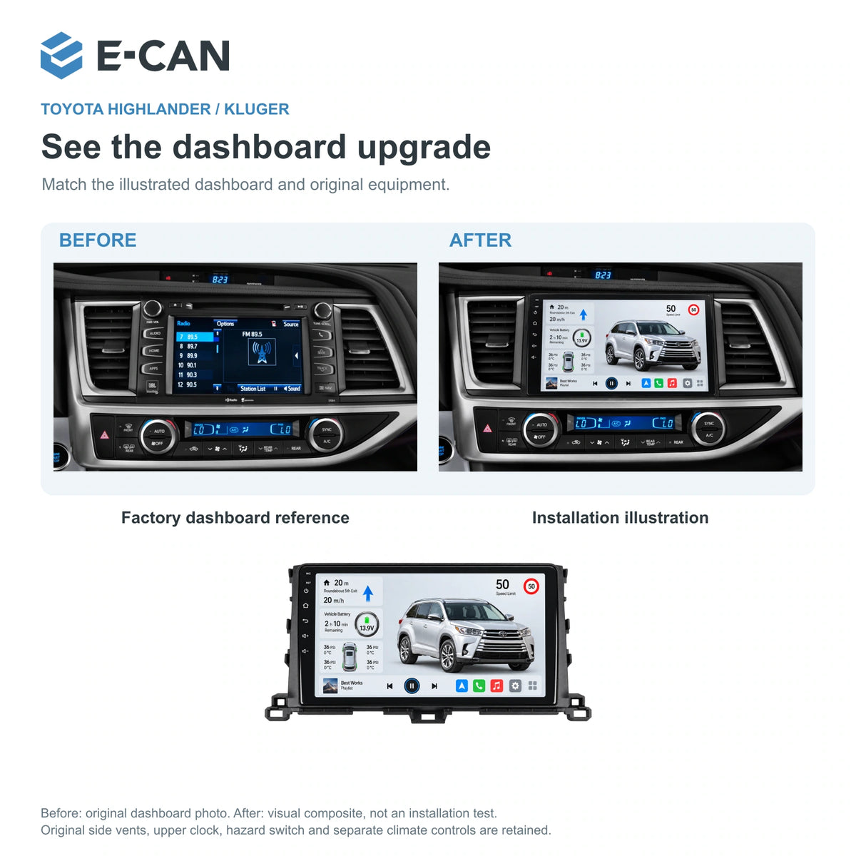 E-CAN Toyota highlander 10-inch · 2015–2019 matched fascia factory dashboard and installation illustration