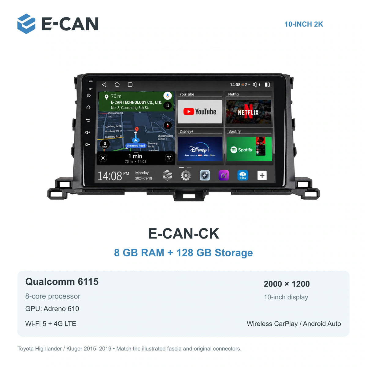 E-CAN Toyota highlander 10-inch · 2015–2019 matched fascia E-CAN-CK 8GB + 128GB