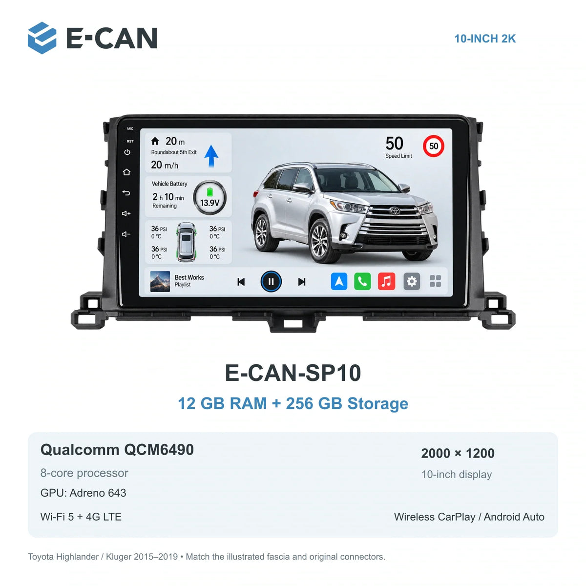 E-CAN Toyota highlander 10-inch · 2015–2019 matched fascia E-CAN-SP10 12GB + 256GB